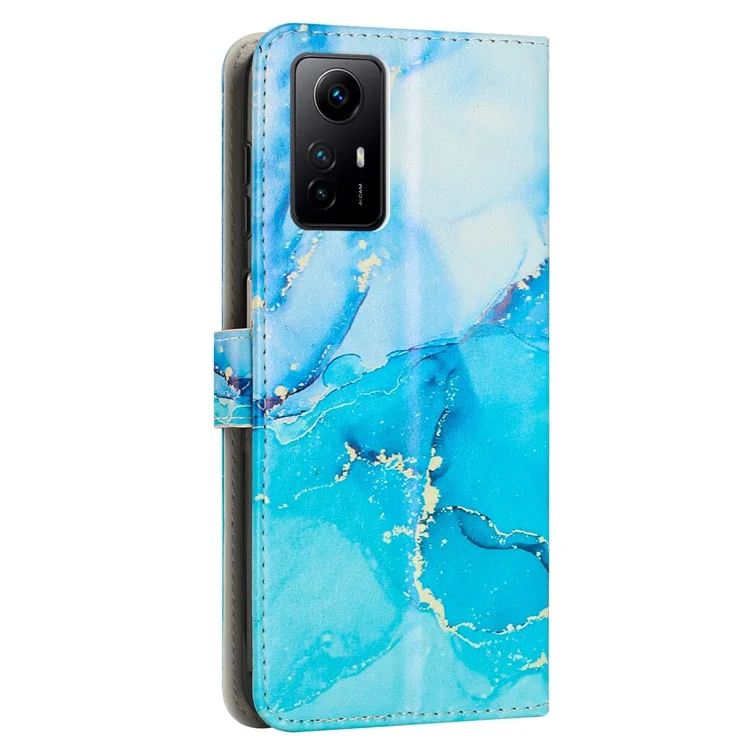 Para Xiaomi Redmi Note 12S 4G Marble Pattern Wallet Case PU Leather Stand Phone Cover with Wrist Strap - Azul / Verde