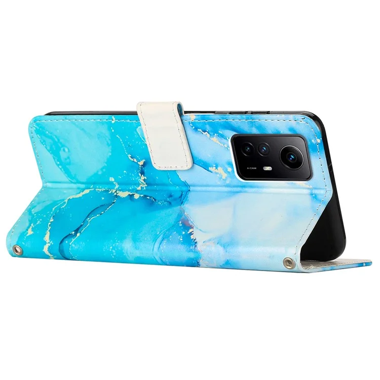 Para Xiaomi Redmi Note 12S 4G Marble Pattern Wallet Case PU Leather Stand Phone Cover with Wrist Strap - Azul / Verde