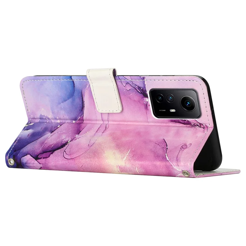 For Xiaomi Redmi Note 12S 4G Marble Pattern Wallet Case PU Leather Stand Phone Cover with Wrist Strap - Purple