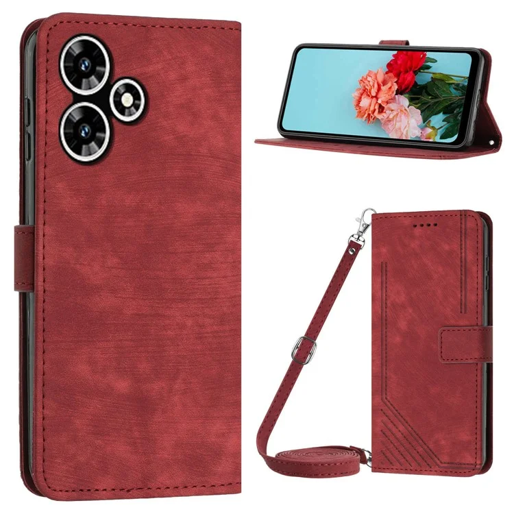 Per Infinix Hot 30 Play NFC 4G Stand Wallet Phone Case PU Leather Lines Imprinted Cover with Shoulder Strap - Red