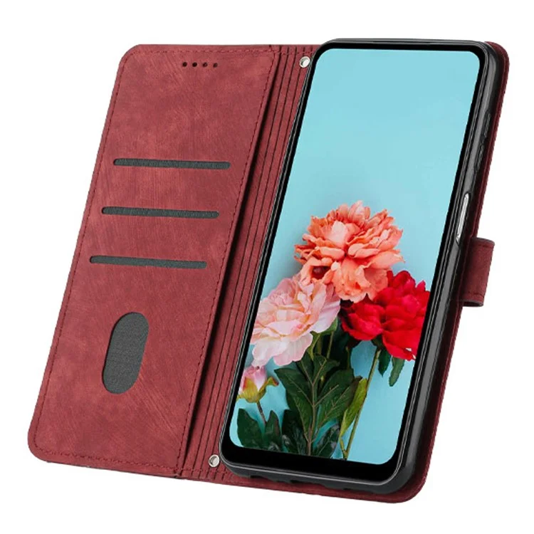 Per Infinix Hot 30 Play NFC 4G Stand Wallet Phone Case PU Leather Lines Imprinted Cover with Shoulder Strap - Red