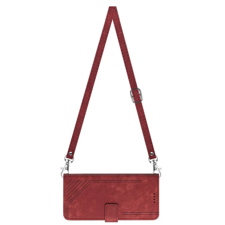 Per Infinix Hot 30 Play NFC 4G Stand Wallet Phone Case PU Leather Lines Imprinted Cover with Shoulder Strap - Red