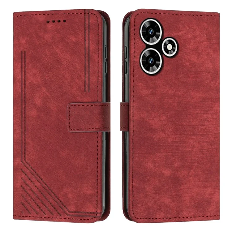 Per Infinix Hot 30 Play NFC 4G Stand Wallet Phone Case PU Leather Lines Imprinted Cover with Shoulder Strap - Red