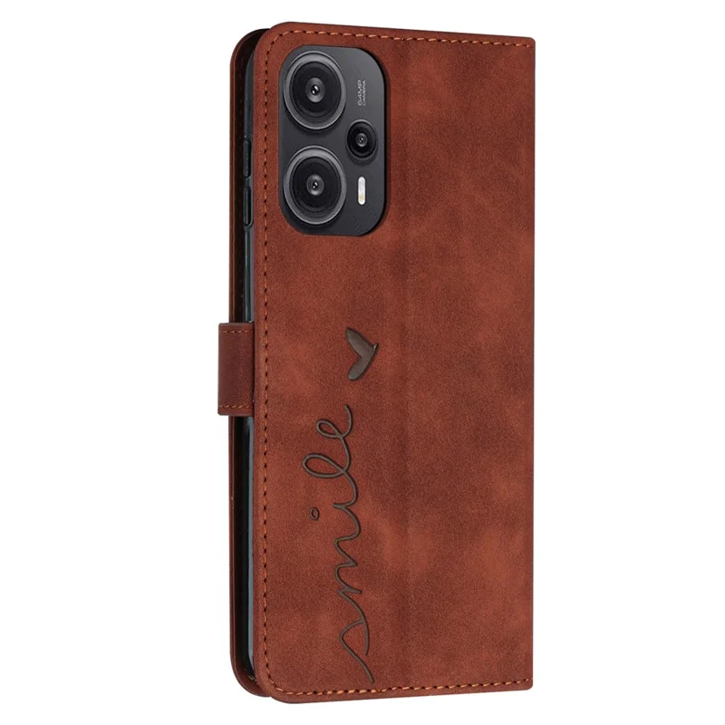 Wallet Case for Xiaomi Redmi Note 12 Turbo / Poco F5 5G , PU Leather Heart Shape Stand Phone Cover with Shoulder Strap - Brown