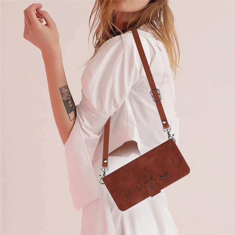 Wallet Case for Xiaomi Redmi Note 12 Turbo / Poco F5 5G , PU Leather Heart Shape Stand Phone Cover with Shoulder Strap - Brown