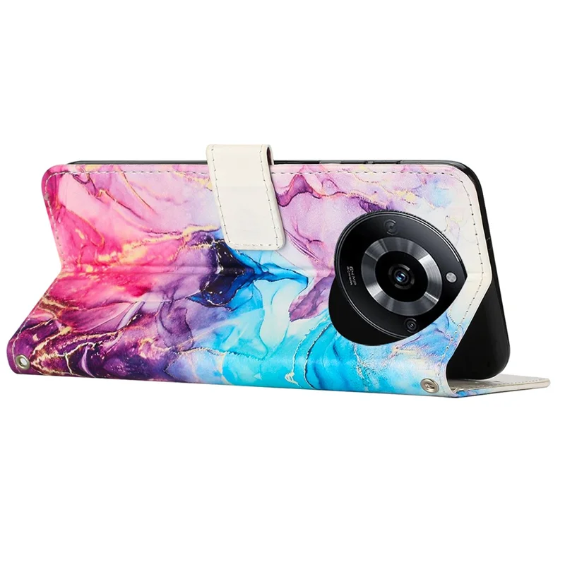 Para Realme 11 Pro+ / 11 Pro 5G Marble Pattern Phone Case PU Leather Stand Wallet Cover with Strap - Pink / Purple