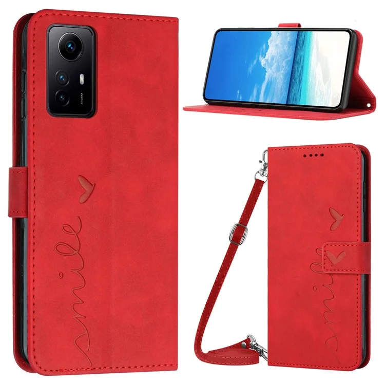 Para Xiaomi Redmi Note 12S 4G Wallet Stand Leather Phone Case Heart Shape Phone Cover with Shoulder Strap - Red