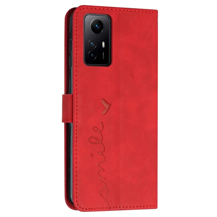 Para Xiaomi Redmi Note 12S 4G Wallet Stand Leather Phone Case Heart Shape Phone Cover with Shoulder Strap - Red