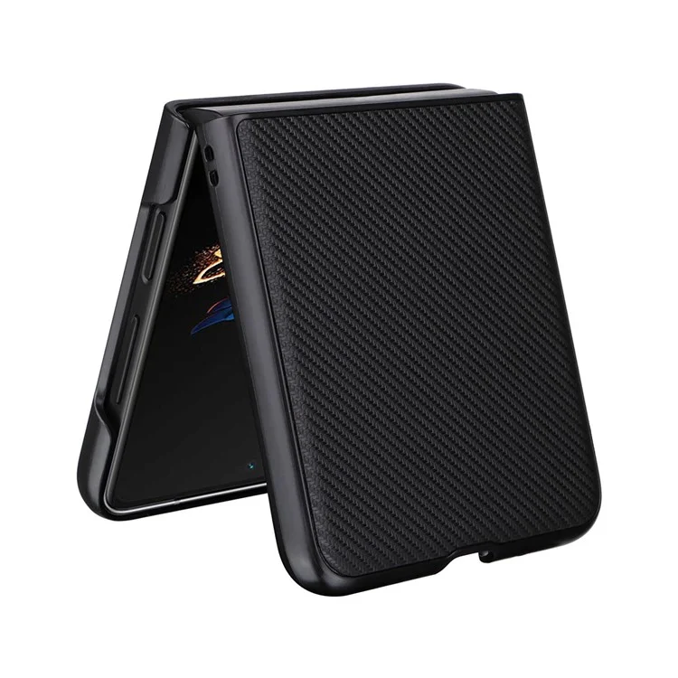 For TECNO Phantom V Flip Carbon Fiber Texture Case PU Leather Coated PC Anti-Drop Phone Cover - Black