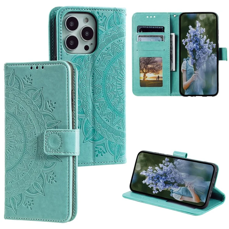 Para iPhone 15 Pro Flip Phone Case PU Leather Mandala Flower Imprint Stand Wallet Cover with Strap - Verde