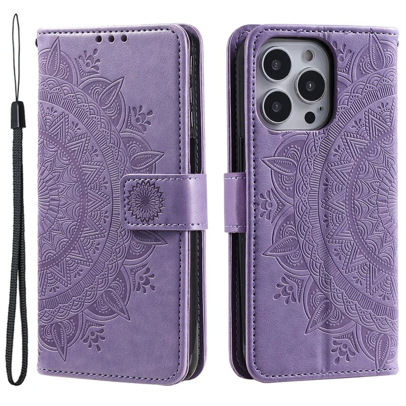For iPhone 15 Pro Flip Phone Case PU Leather Mandala Flower Imprint Stand Wallet Cover with Strap - Purple