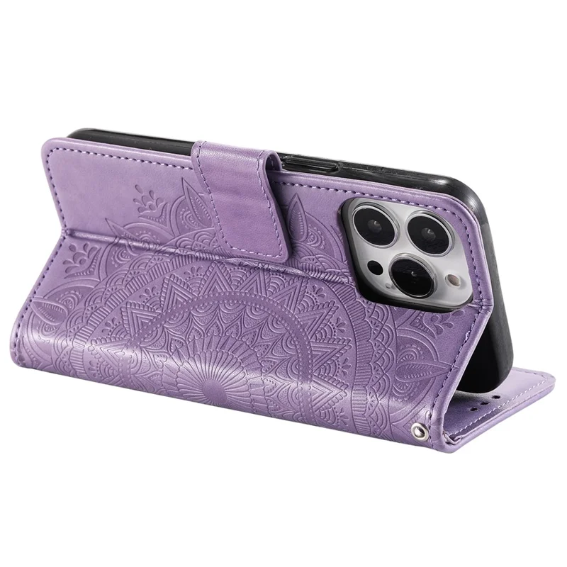 For iPhone 15 Pro Flip Phone Case PU Leather Mandala Flower Imprint Stand Wallet Cover with Strap - Purple