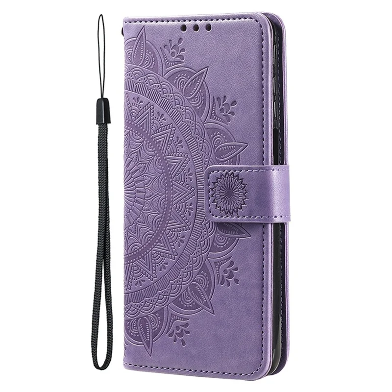 For iPhone 15 Pro Flip Phone Case PU Leather Mandala Flower Imprint Stand Wallet Cover with Strap - Purple