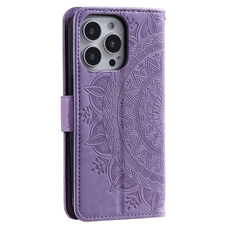 For iPhone 15 Pro Flip Phone Case PU Leather Mandala Flower Imprint Stand Wallet Cover with Strap - Purple