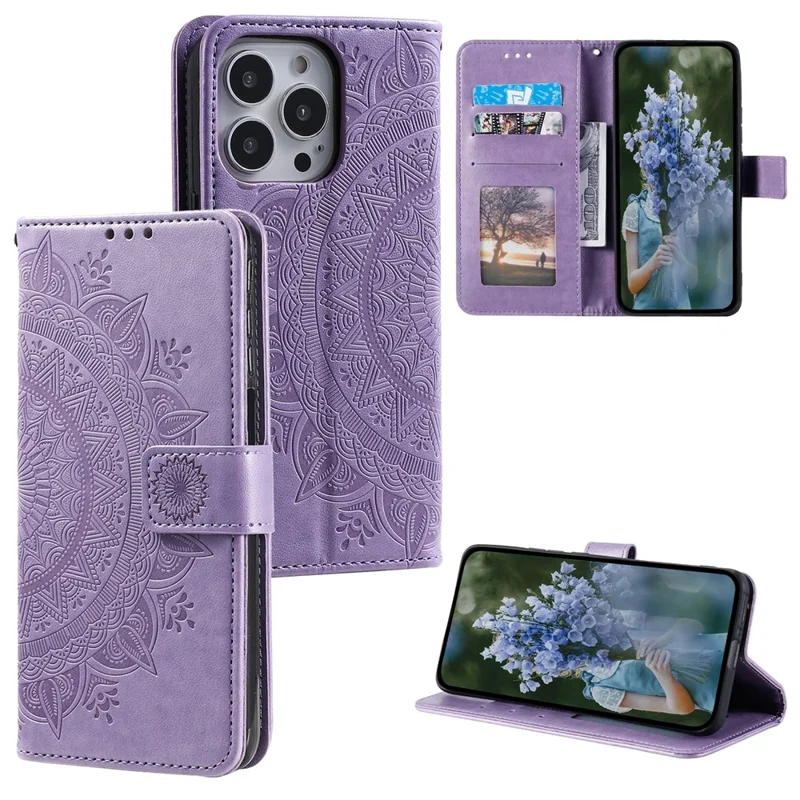 For iPhone 15 Pro Flip Phone Case PU Leather Mandala Flower Imprint Stand Wallet Cover with Strap - Purple