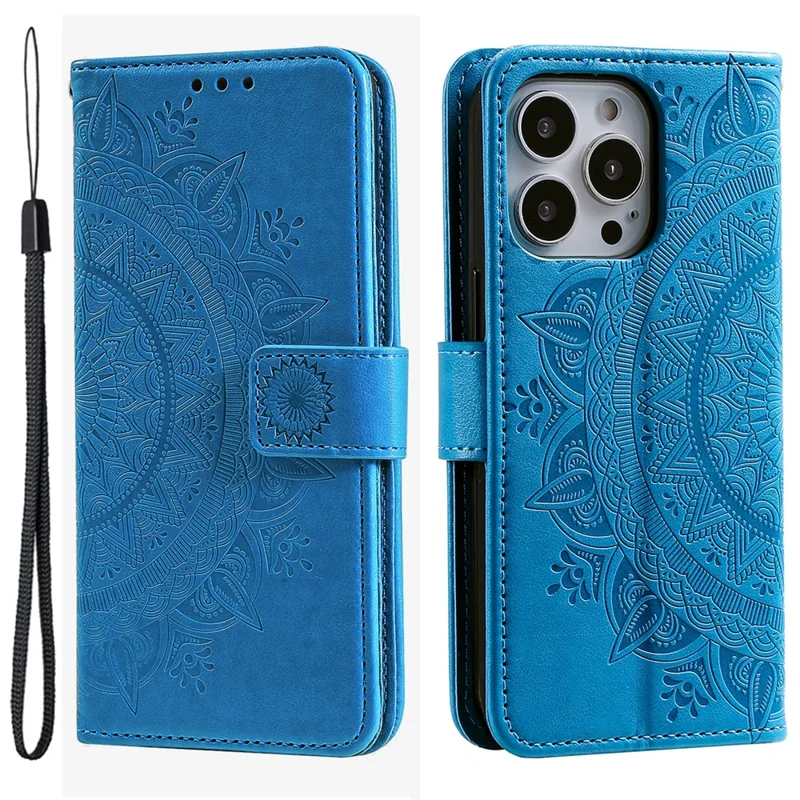 For iPhone 15 Pro Flip Phone Case PU Leather Mandala Flower Imprint Stand Wallet Cover with Strap - Blue