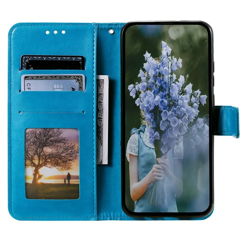 For iPhone 15 Pro Flip Phone Case PU Leather Mandala Flower Imprint Stand Wallet Cover with Strap - Blue