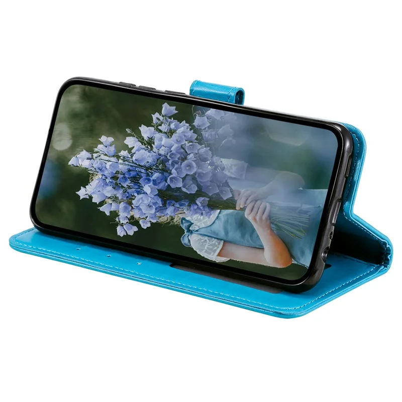 For iPhone 15 Pro Flip Phone Case PU Leather Mandala Flower Imprint Stand Wallet Cover with Strap - Blue