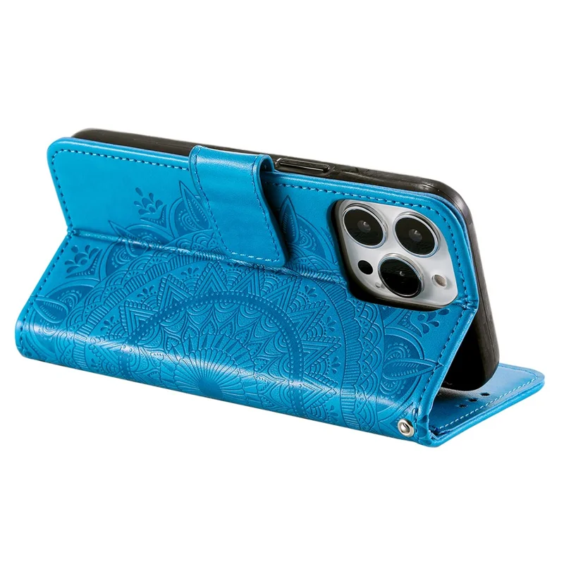 For iPhone 15 Pro Flip Phone Case PU Leather Mandala Flower Imprint Stand Wallet Cover with Strap - Blue