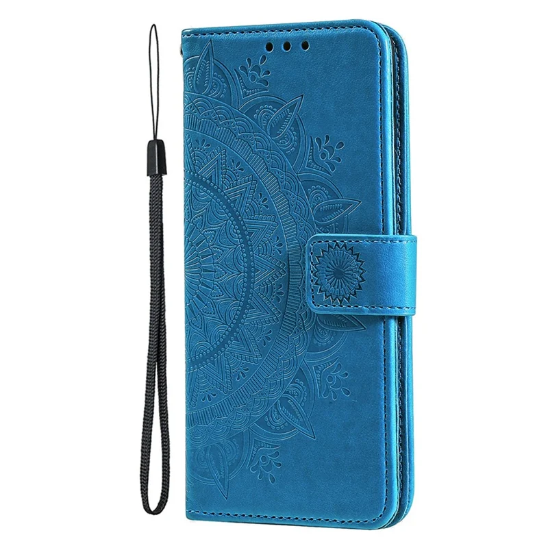 For iPhone 15 Pro Flip Phone Case PU Leather Mandala Flower Imprint Stand Wallet Cover with Strap - Blue