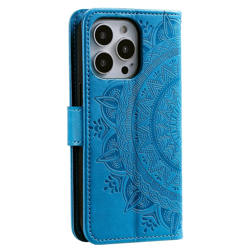 For iPhone 15 Pro Flip Phone Case PU Leather Mandala Flower Imprint Stand Wallet Cover with Strap - Blue