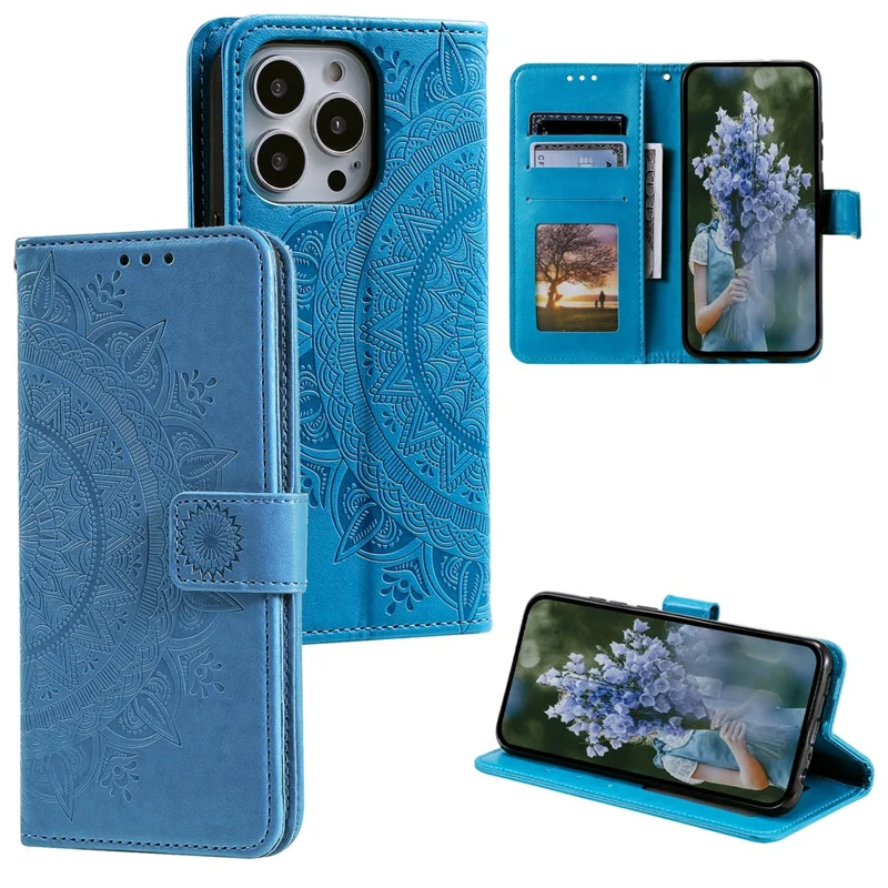For iPhone 15 Pro Flip Phone Case PU Leather Mandala Flower Imprint Stand Wallet Cover with Strap - Blue