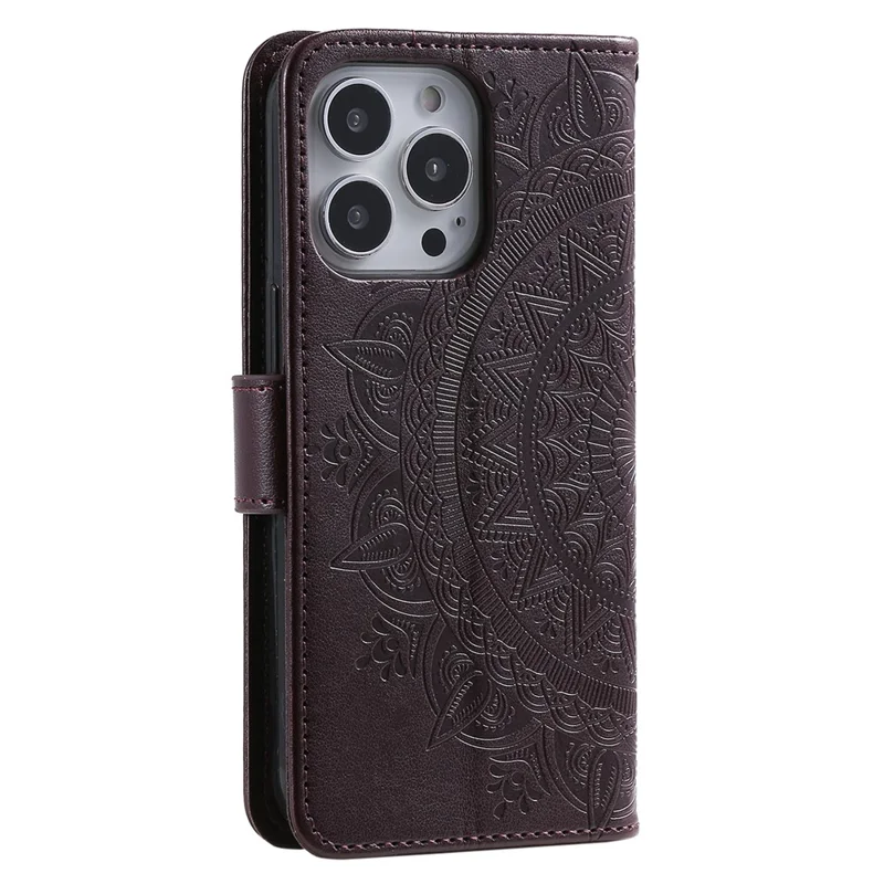 Pour iPhone 15 Pro Flip Phone Case PU Leather Mandala Flower Imprint Stand Wallet Cover with Strap - Brun
