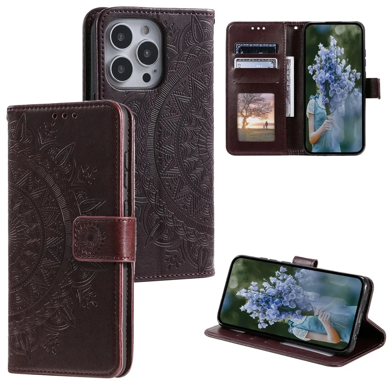 Pour iPhone 15 Pro Flip Phone Case PU Leather Mandala Flower Imprint Stand Wallet Cover with Strap - Brun