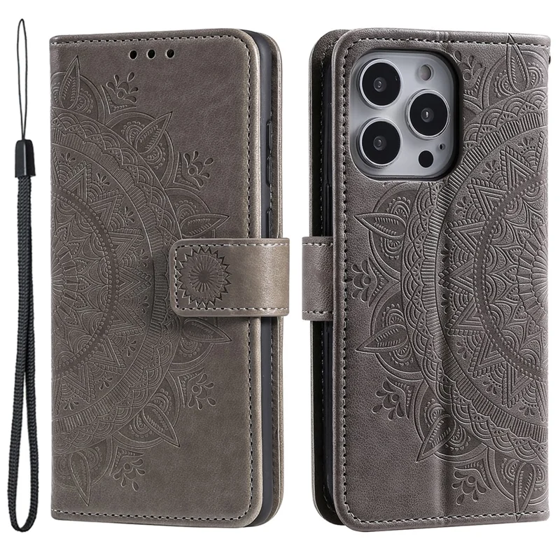 Para iPhone 15 Pro Funda de Teléfono Móvil Flip PU Cuero Impresión de Flor de Mandala Soporte Cartera Cubierta con Correa - Gris