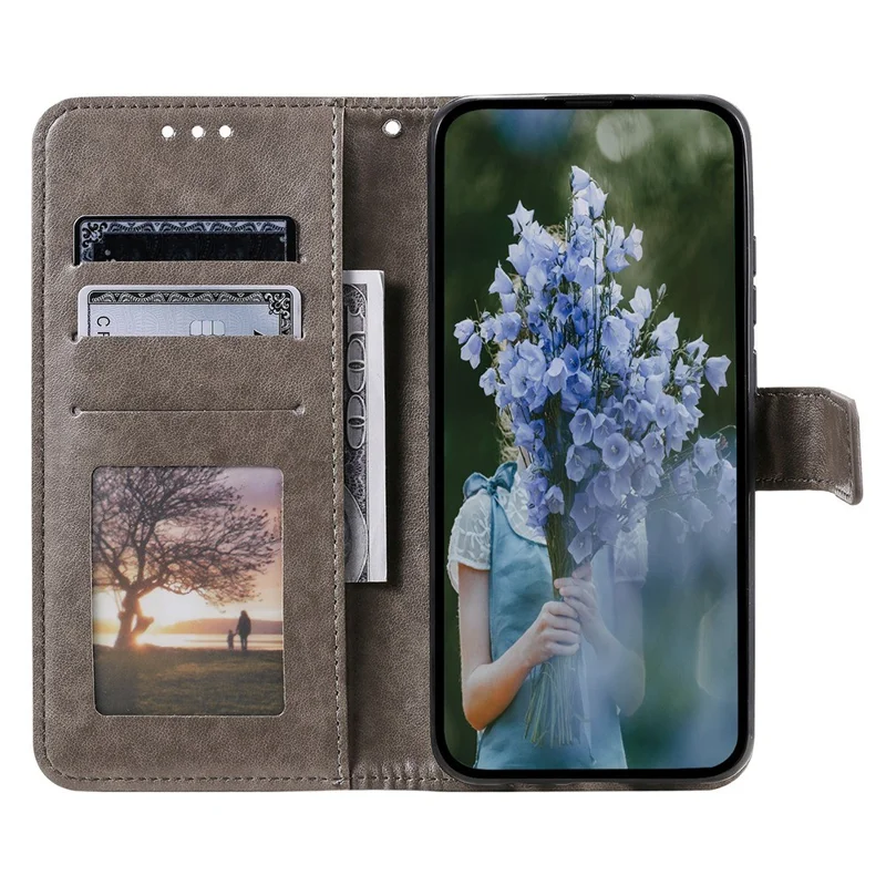 Para iPhone 15 Pro Funda de Teléfono Móvil Flip PU Cuero Impresión de Flor de Mandala Soporte Cartera Cubierta con Correa - Gris