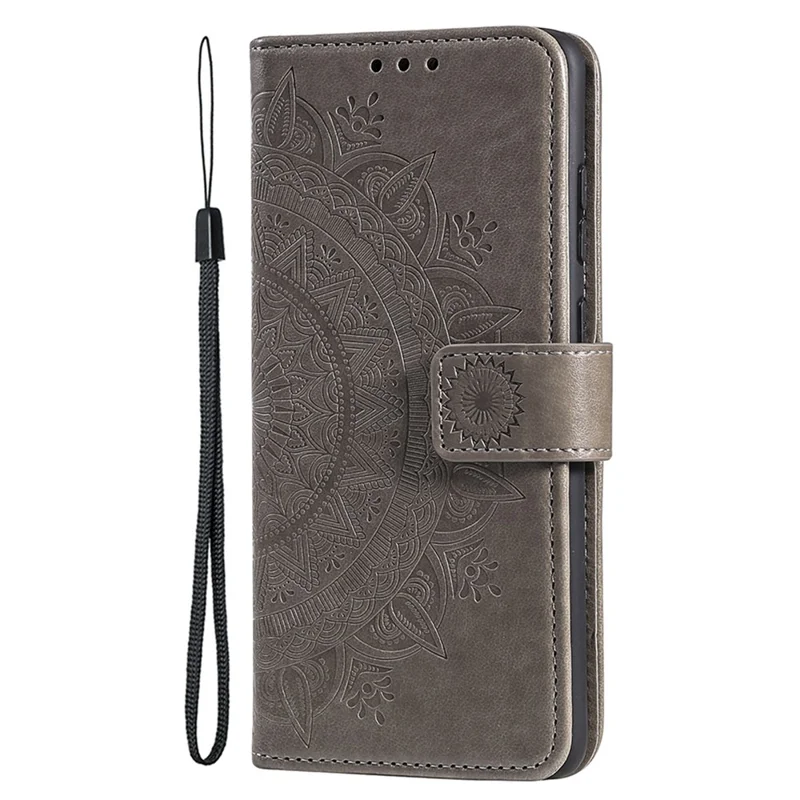 Para iPhone 15 Pro Funda de Teléfono Móvil Flip PU Cuero Impresión de Flor de Mandala Soporte Cartera Cubierta con Correa - Gris