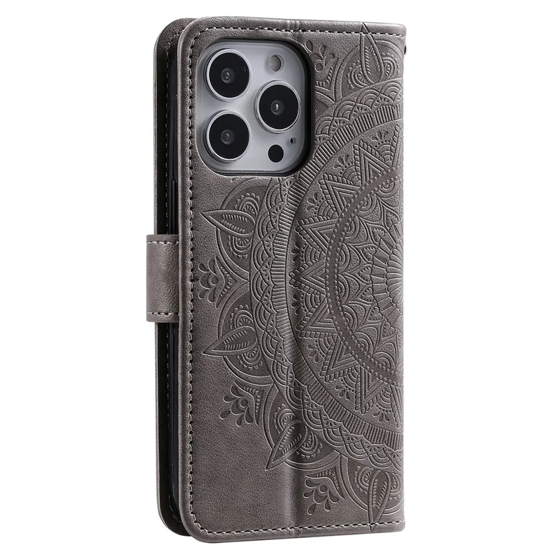 Para iPhone 15 Pro Funda de Teléfono Móvil Flip PU Cuero Impresión de Flor de Mandala Soporte Cartera Cubierta con Correa - Gris