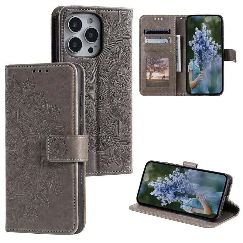 Para iPhone 15 Pro Funda de Teléfono Móvil Flip PU Cuero Impresión de Flor de Mandala Soporte Cartera Cubierta con Correa - Gris