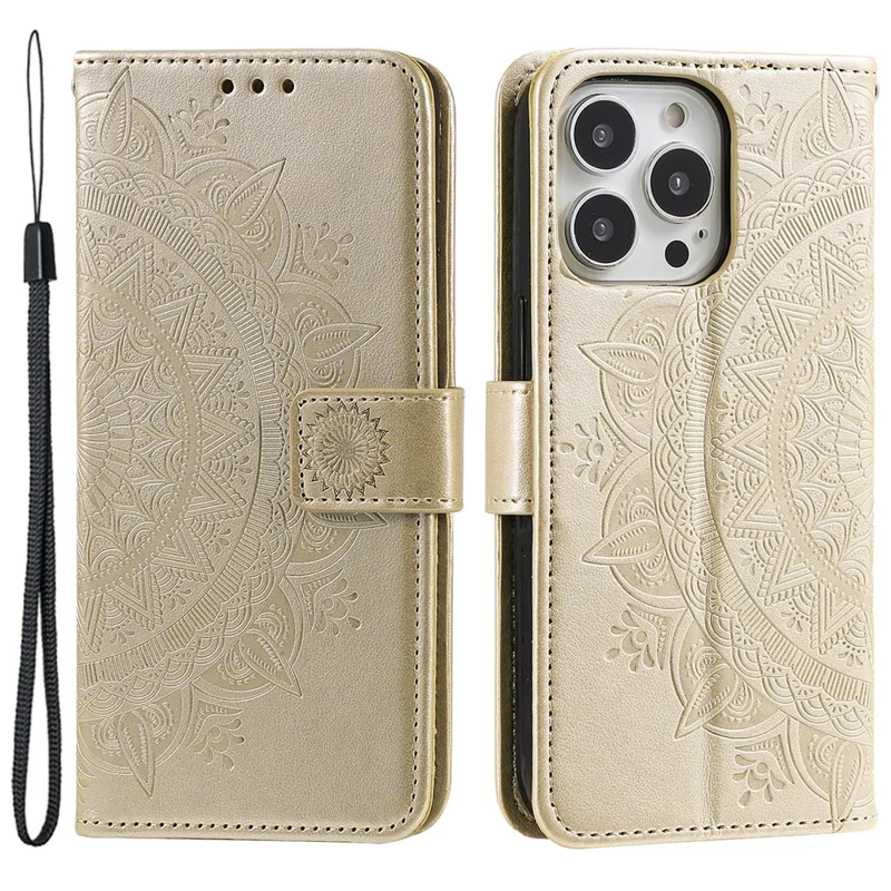 For iPhone 15 Pro Flip Phone Case PU Leather Mandala Flower Imprint Stand Wallet Cover with Strap - Gold