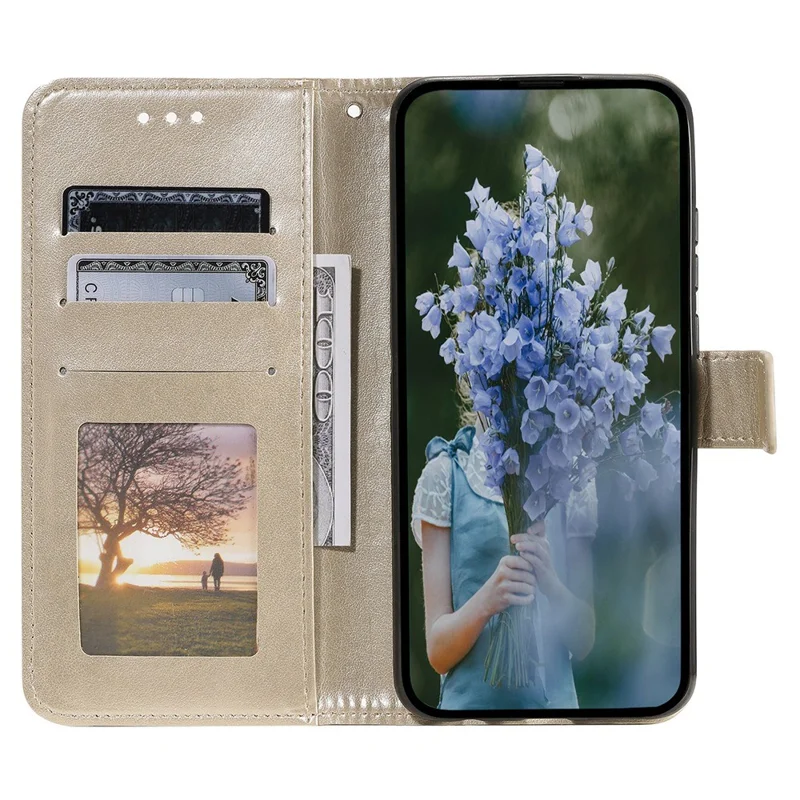 For iPhone 15 Pro Flip Phone Case PU Leather Mandala Flower Imprint Stand Wallet Cover with Strap - Gold