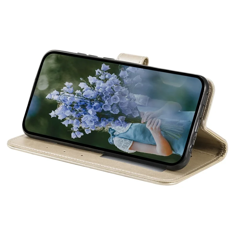 For iPhone 15 Pro Flip Phone Case PU Leather Mandala Flower Imprint Stand Wallet Cover with Strap - Gold