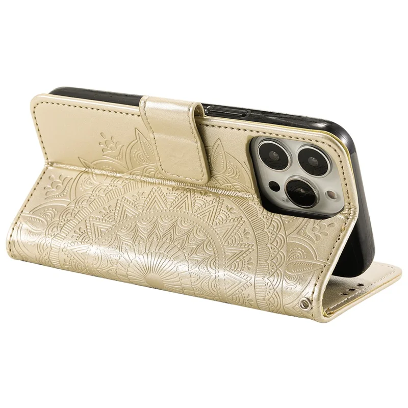 For iPhone 15 Pro Flip Phone Case PU Leather Mandala Flower Imprint Stand Wallet Cover with Strap - Gold