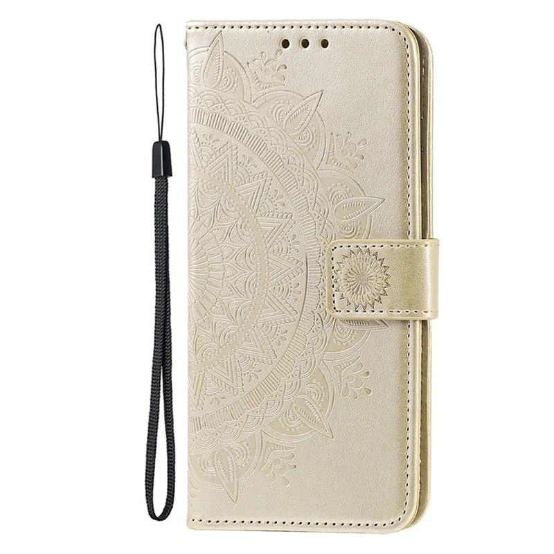 For iPhone 15 Pro Flip Phone Case PU Leather Mandala Flower Imprint Stand Wallet Cover with Strap - Gold