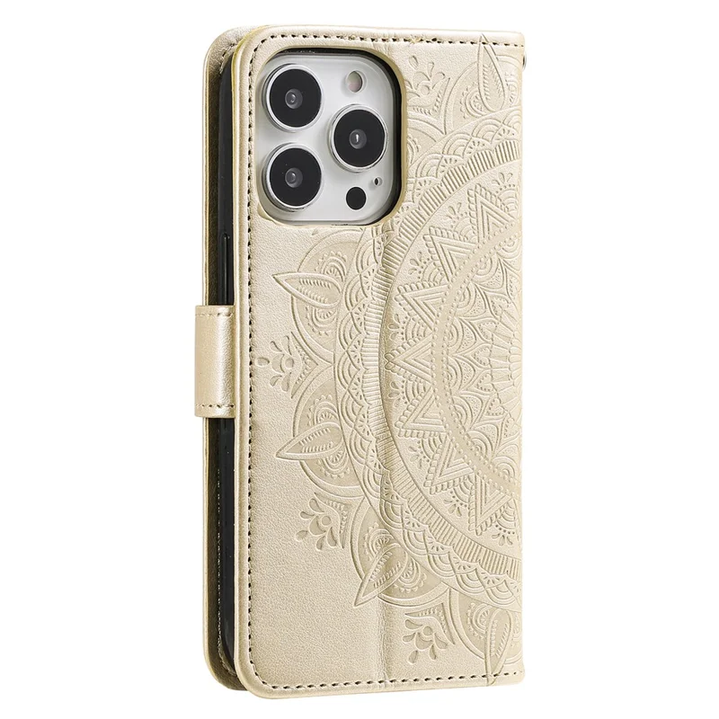 For iPhone 15 Pro Flip Phone Case PU Leather Mandala Flower Imprint Stand Wallet Cover with Strap - Gold