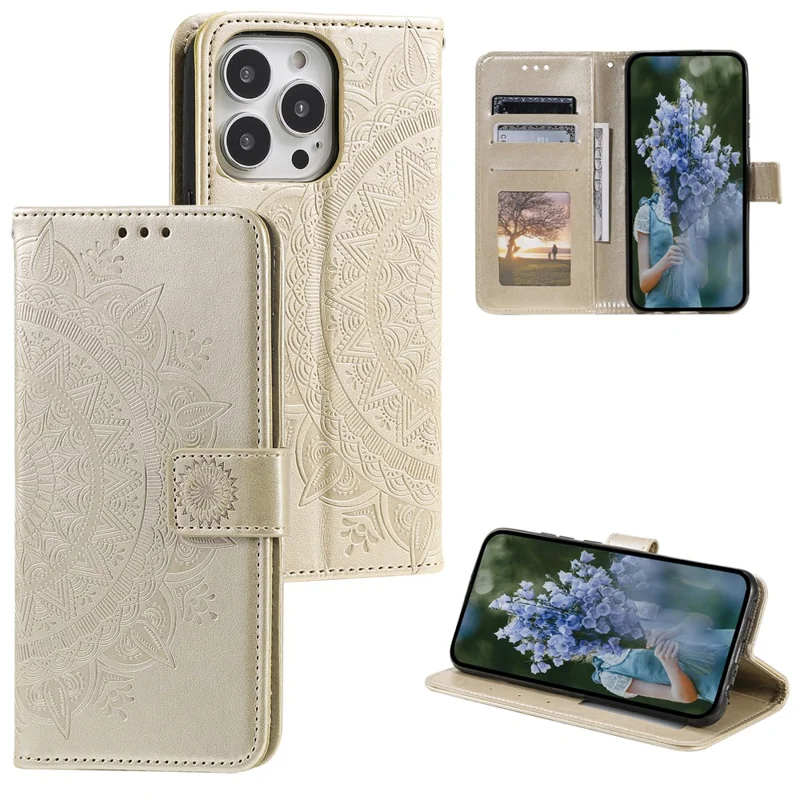 For iPhone 15 Pro Flip Phone Case PU Leather Mandala Flower Imprint Stand Wallet Cover with Strap - Gold