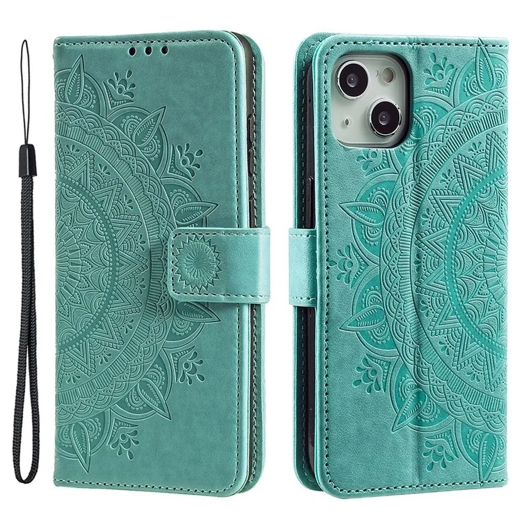 Per iPhone 15 PU Leather Stand Cover Mandala Flower Imprint Wallet Phone Case con Cinturino - Verde