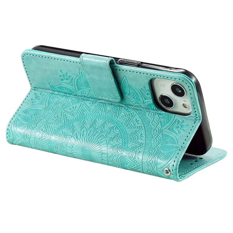 Per iPhone 15 PU Leather Stand Cover Mandala Flower Imprint Wallet Phone Case con Cinturino - Verde
