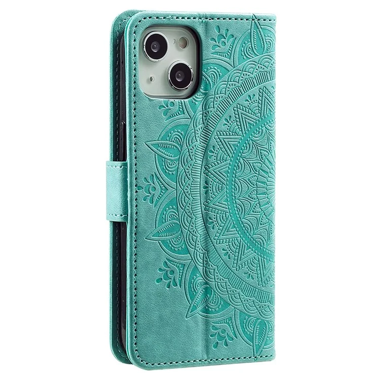 Per iPhone 15 PU Leather Stand Cover Mandala Flower Imprint Wallet Phone Case con Cinturino - Verde