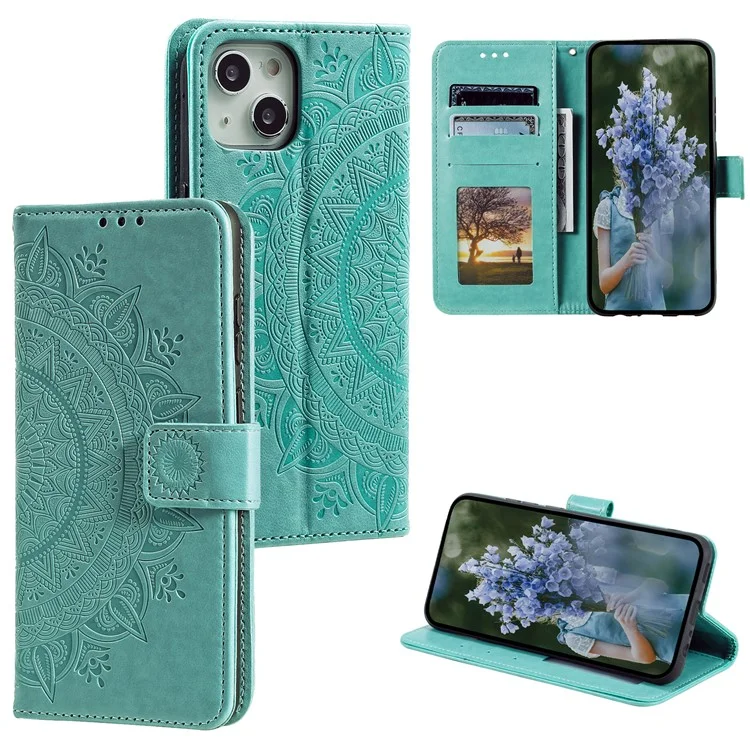 Per iPhone 15 PU Leather Stand Cover Mandala Flower Imprint Wallet Phone Case con Cinturino - Verde