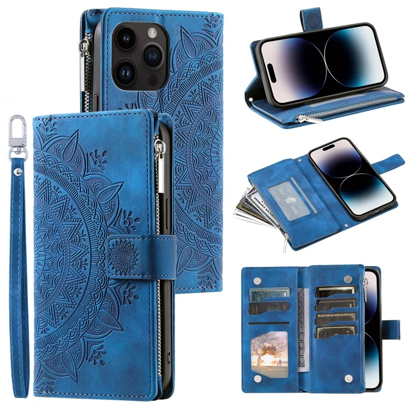 For iPhone 15 Pro Mandala Flower Imprinted Leather Case Card Slots Zipper Pocket Stand Phone Cover with Strap - Blue