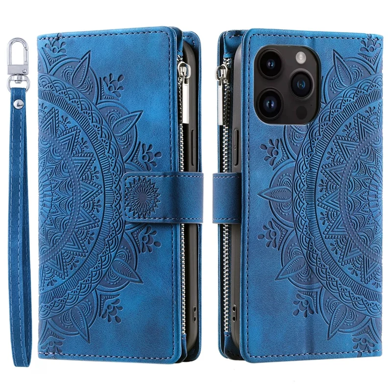 For iPhone 15 Pro Mandala Flower Imprinted Leather Case Card Slots Zipper Pocket Stand Phone Cover with Strap - Blue