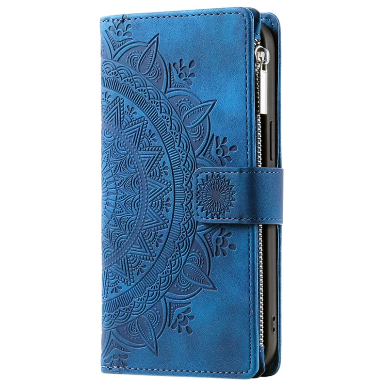For iPhone 15 Pro Mandala Flower Imprinted Leather Case Card Slots Zipper Pocket Stand Phone Cover with Strap - Blue