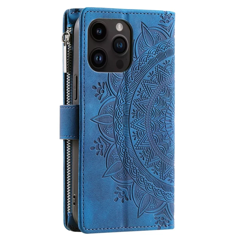 For iPhone 15 Pro Mandala Flower Imprinted Leather Case Card Slots Zipper Pocket Stand Phone Cover with Strap - Blue