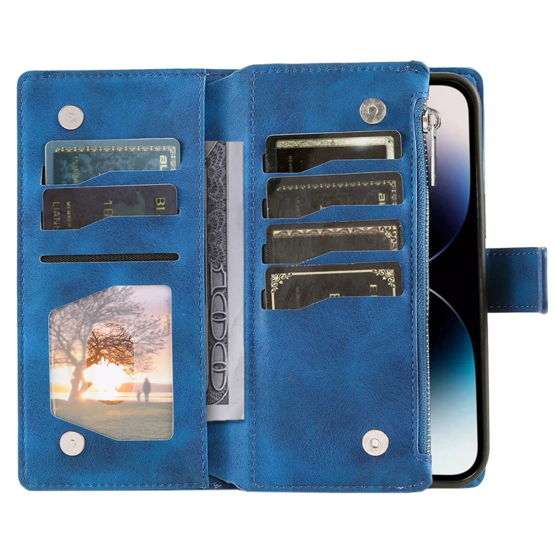 For iPhone 15 Pro Mandala Flower Imprinted Leather Case Card Slots Zipper Pocket Stand Phone Cover with Strap - Blue