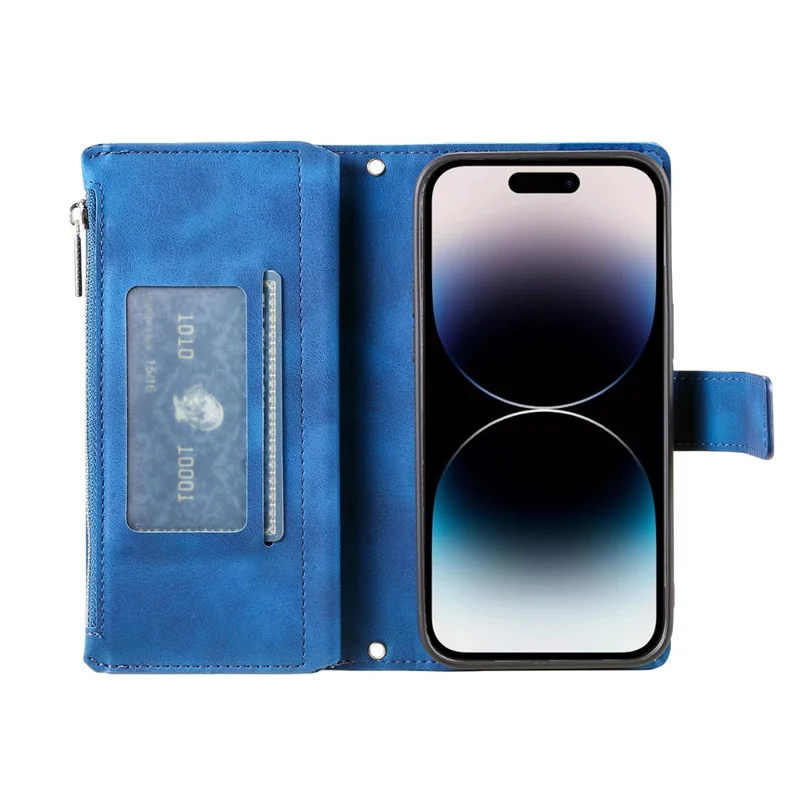For iPhone 15 Pro Mandala Flower Imprinted Leather Case Card Slots Zipper Pocket Stand Phone Cover with Strap - Blue